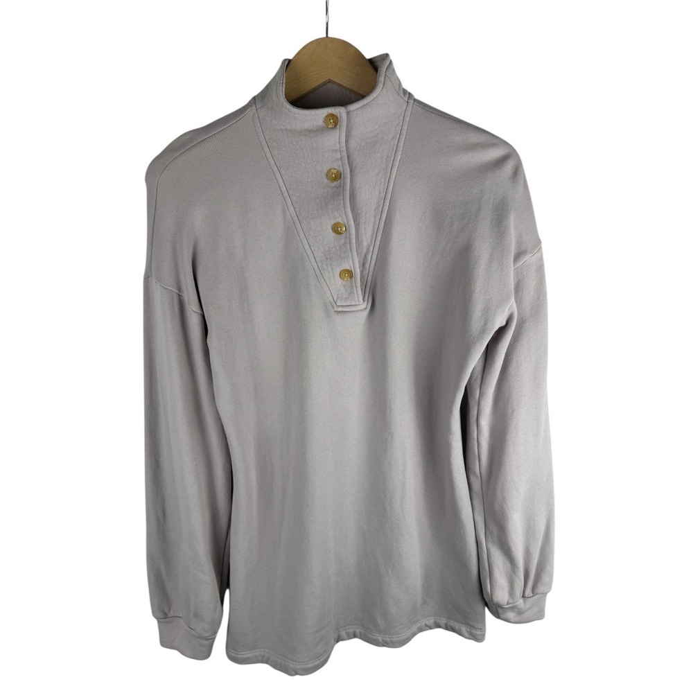 Lovers And Friends Beige Mock Neck Button Up Long Sleeve Sweatshirt Top Women XS